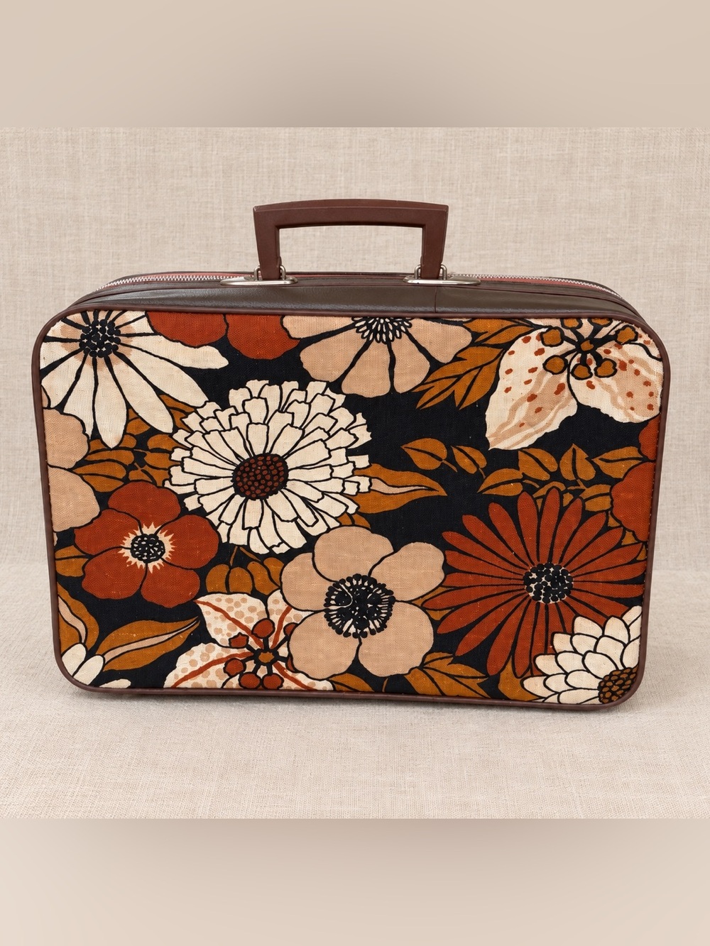Vintage 60s 70s Floral Suitcase Retro Mod Luggage Brown Trim Travel Bag